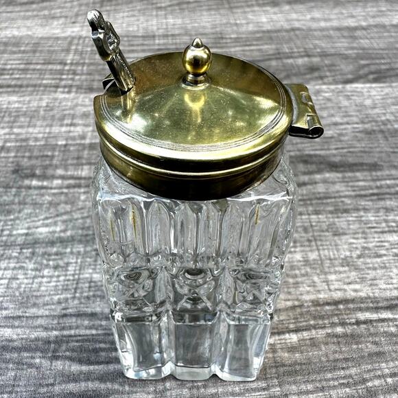 Crystal Condiment Jar Salt Cellar Mustard Pot Silver Plate Hinged Lid and Spoon - Picture 4 of 8